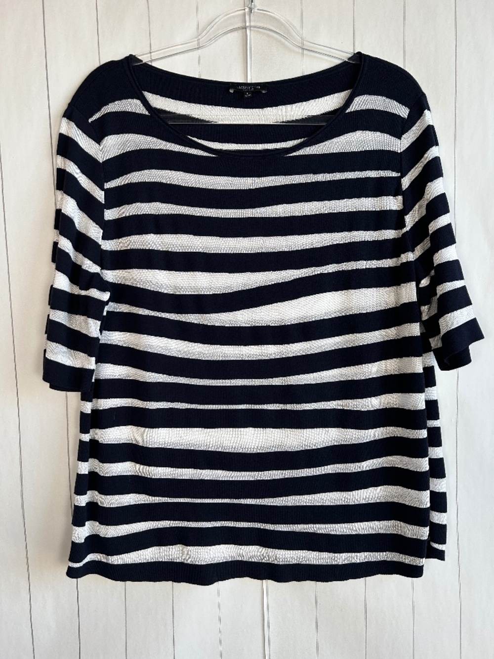 Lafayette 148 size L knit blouse top navy white stripe viscose short sleeve